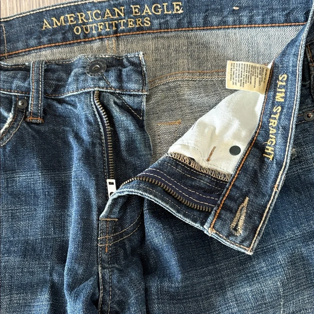 American Eagle Slim Straight Jeans Men’s 28x32 Distressed Blue Denim - Picture 4 of 7
